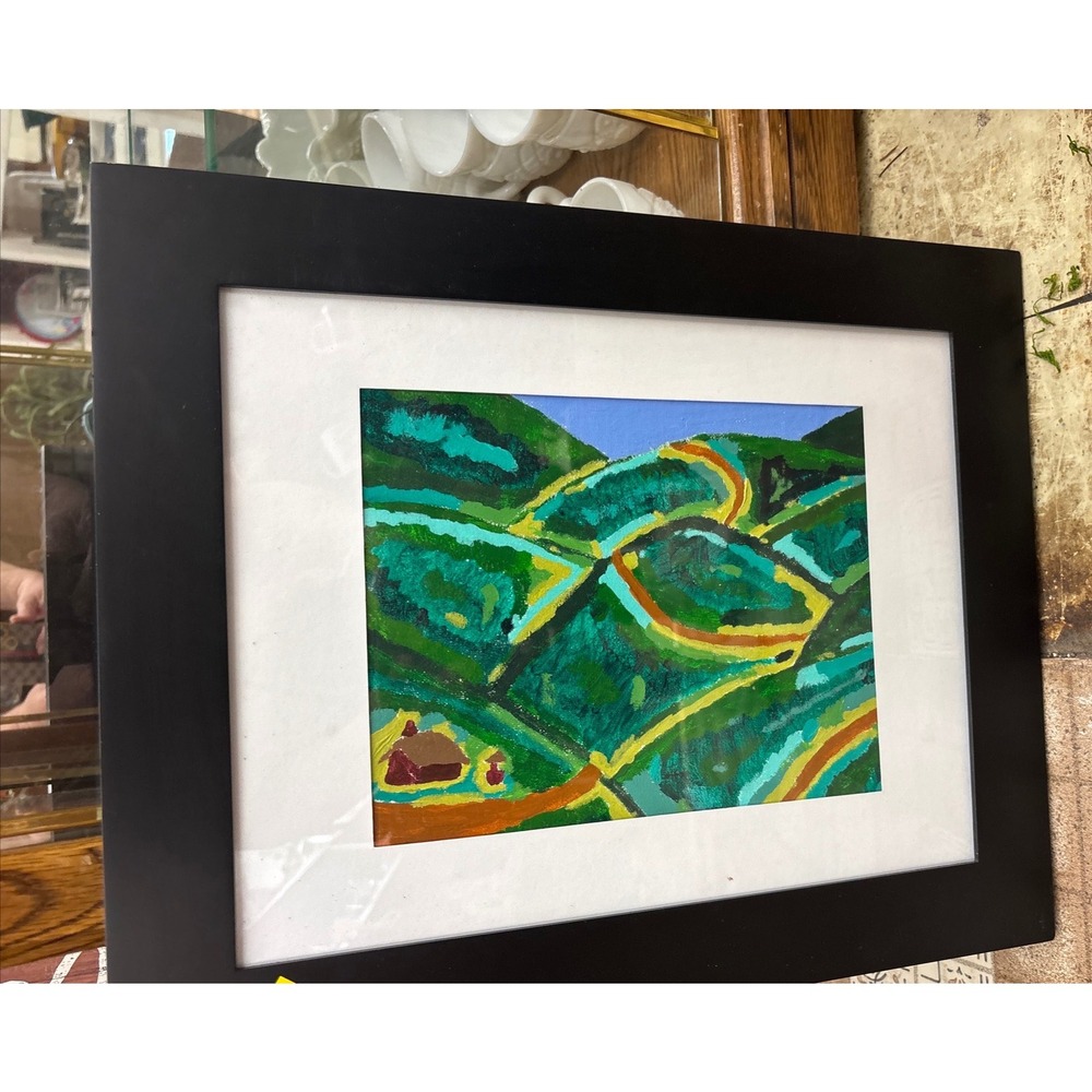 Original Signed Abstract Landscape Painting 1997 Framed Matted Green Orange D.F.